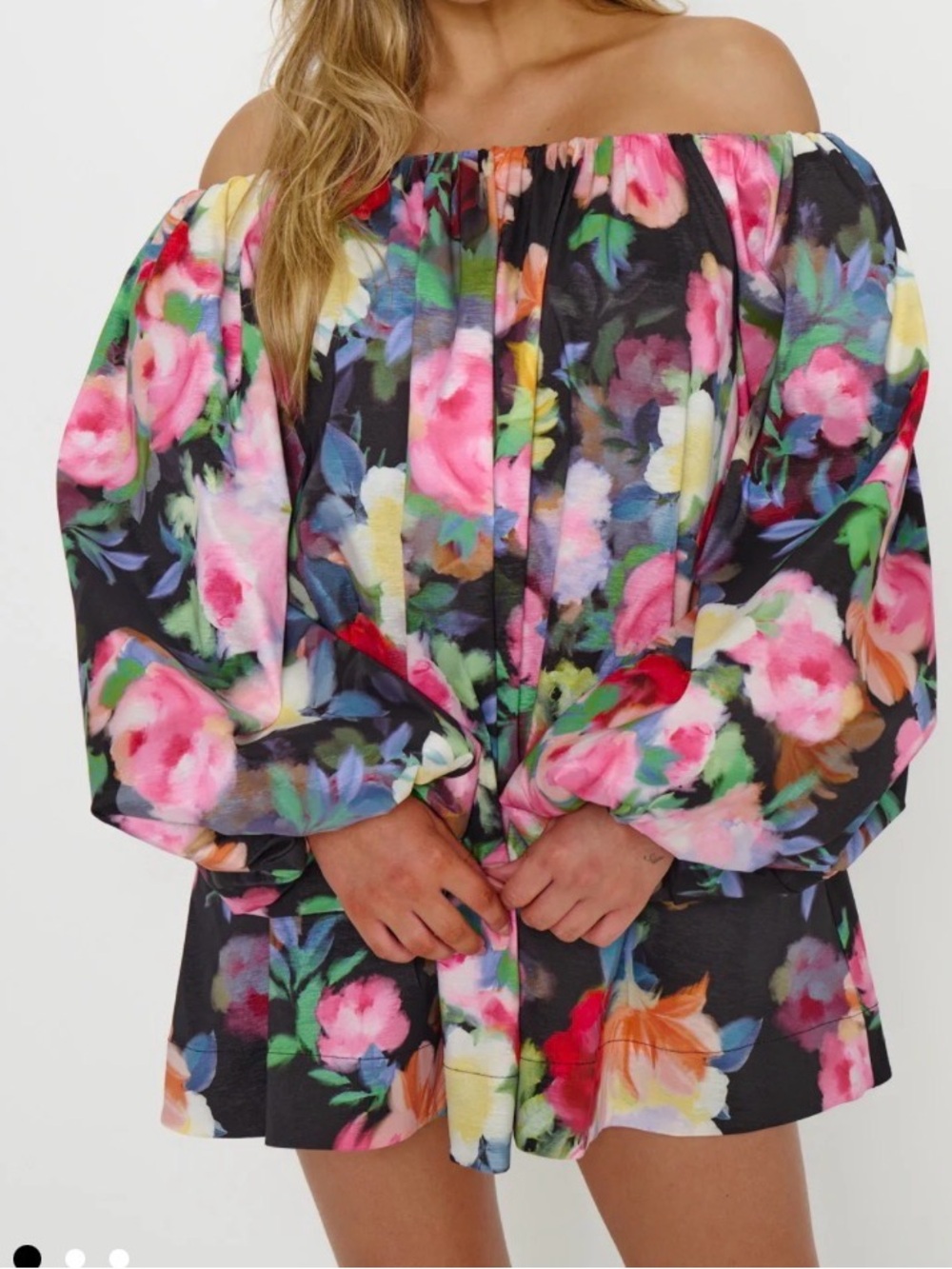 Show Me Your MuMu Black Floral Off-Shoulder Mini  Dress NET XL